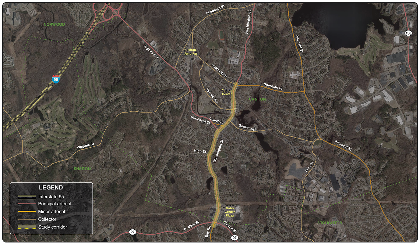 Figure 1: Study Area
An aerial image of the study area shows the highlighted Washington Street corridor, which stretches between Sherman Street in Canton to Route 27 in Sharon.
Figure 1: Study Area
An aerial image of the study area shows the highlighted Washington Street corridor, which stretches between Sherman Street in Canton to Route 27 in Sharon.